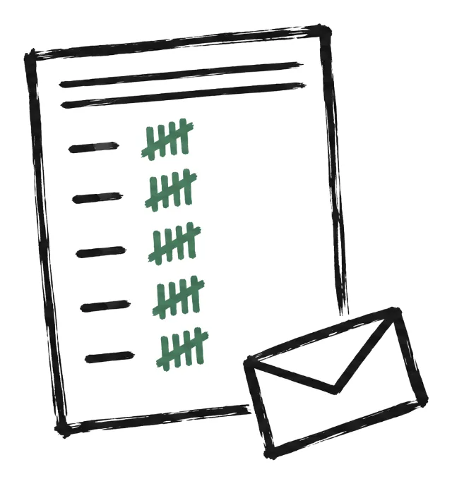 A member list on ruled paper, a voting code beside each name, and a sealed envelope.