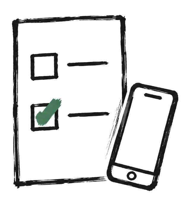 A ballot with two boxes, one marked, and a phone leaning against it.