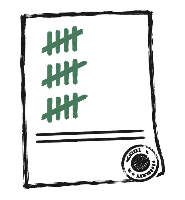 A sheet of tally marks totalled above a double rule, with a stamp in the corner.